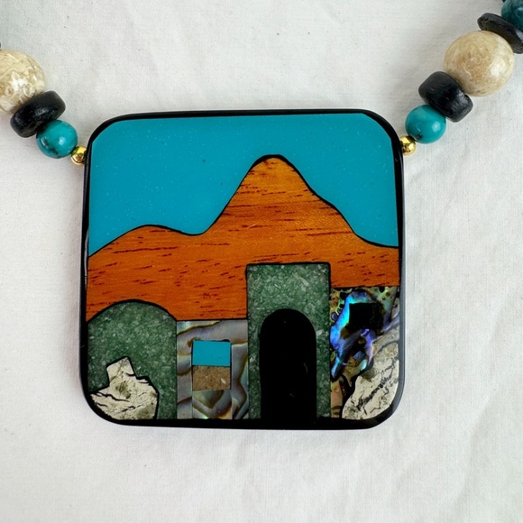 Vintage Adobe House Inlay Beaded Necklace - Picture 2 of 6